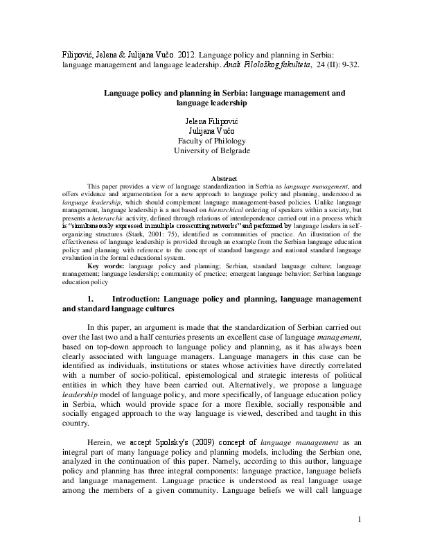 Language policy and planning in Serbia: language management and language leadership