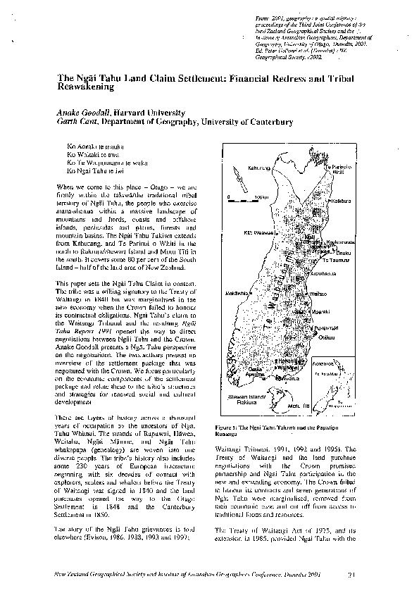 (PDF) "The Ngāi Tahu Land Claim Settlement Financial Redress and