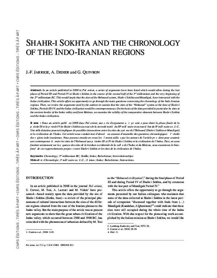 First page of “ Jarrige, J.-F., Didier, A. & Quivron, G. (2011) Shahr-i Sokhta and the Chronology of the Indo-Iranian Borderlands. Paléorient 37 (2) : 7-34.”
