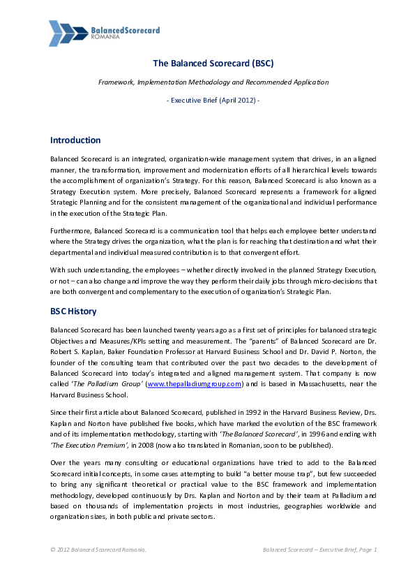 (PDF) The Balanced Scorecard (BSC) Framework, Implementation ...
