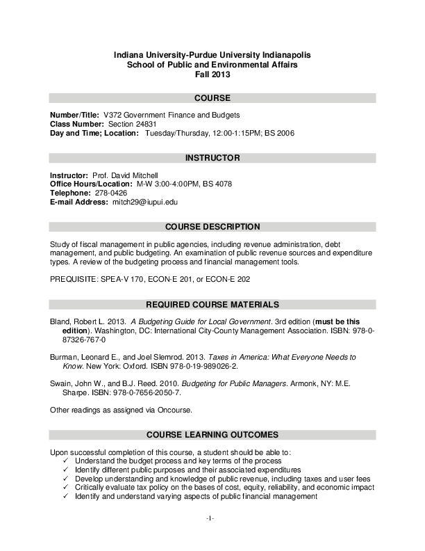(PDF) Syllabus Public Budgeting and Finance (undergraduate) David
