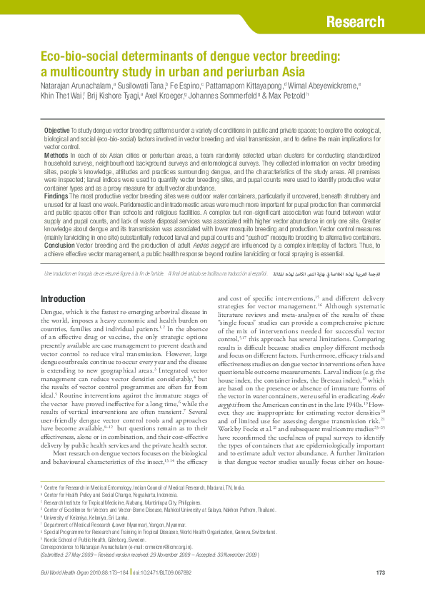 (PDF) Eco-bio-social determinants of dengue vector breeding: a ...