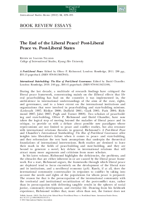 (2012) Review Article: the end of the liberal peace? Post-liberal peace vs. post-liberal states, International Studies Review, 14 (3), pp.429-435