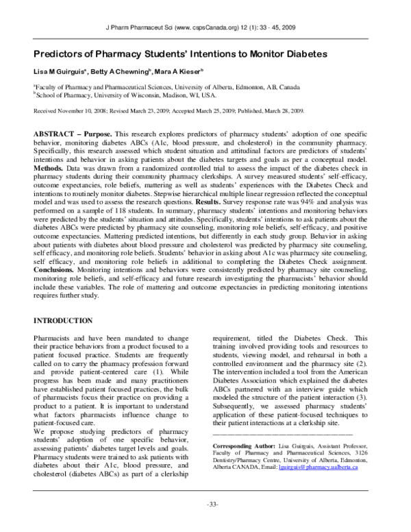 (PDF) Predictors of Pharmacy Students' Intentions to Monitor Diabetes
