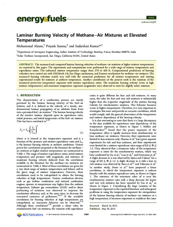 (PDF) Laminar Burning Velocity of Methane−Air Mixtures at Elevated ...
