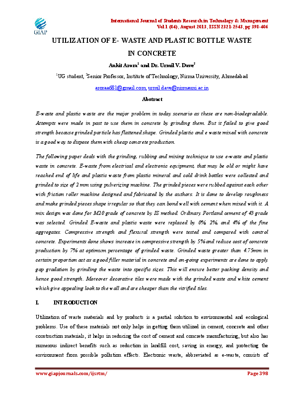 (PDF) UTILIZATION OF E WASTE AND PLASTIC BOTTLE WASTE IN CONCRETE