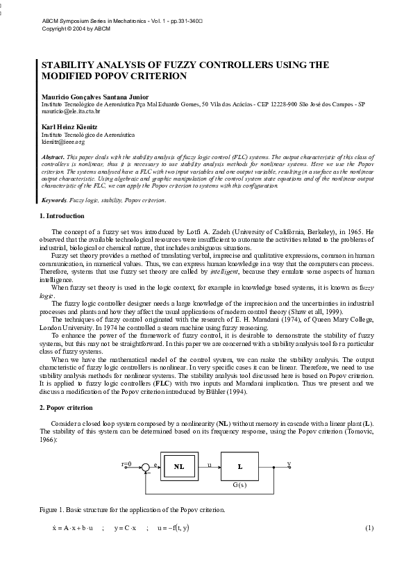 (PDF) STABILITY ANALYSIS OF FUZZY CONTROLLERS USING THE MODIFIED POPOV ...