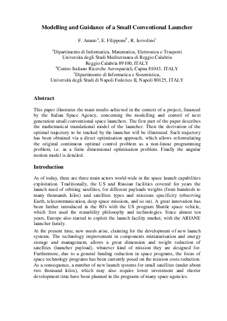 Pdf Modelling And Guidance Of A Small Conventional Launcher Raffaele Iervolino Academia Edu