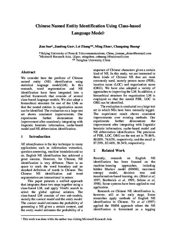 (PDF) Chinese Named Entity Identification Using Class-based Language Model