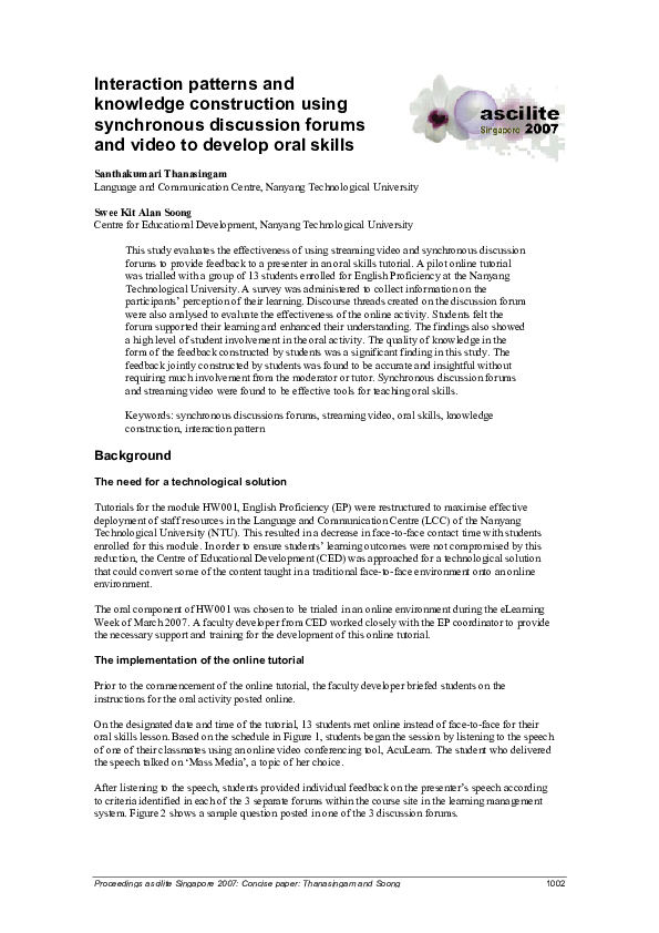 (PDF) Interaction patterns and knowledge construction using synchronous ...