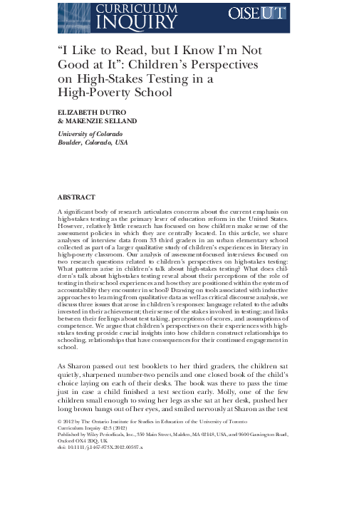 Pdf I Like To Read But I Know I M Not Good At It Children S Perspectives On High Stakes Testing In A High Poverty School Elizabeth Dutro Academia Edu