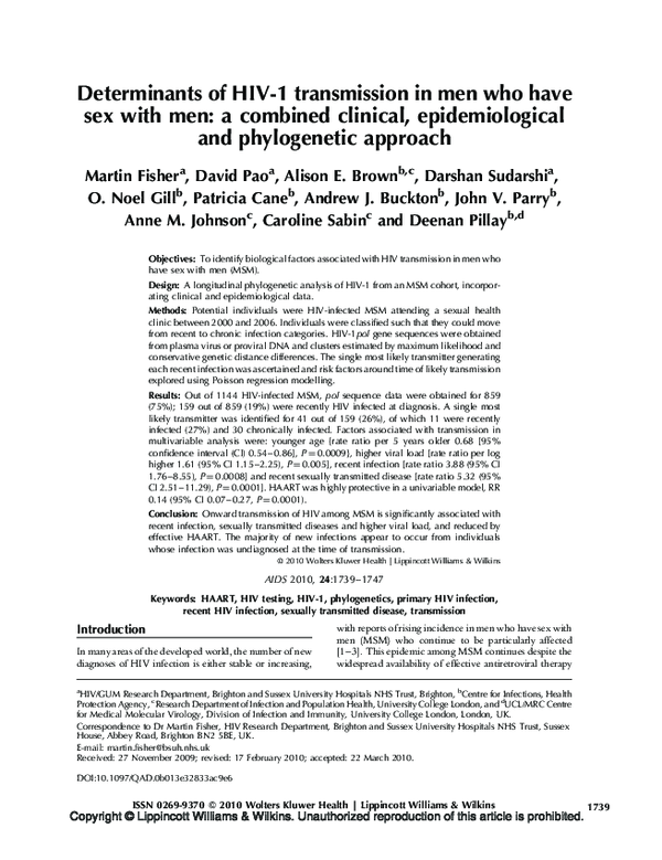 (PDF) Determinants of HIV1 transmission in men who have sex with men: a ...