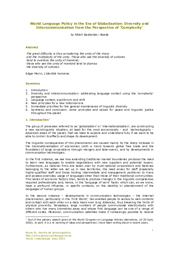 (PDF) World language policy in the era of globalization: Diversity and ...