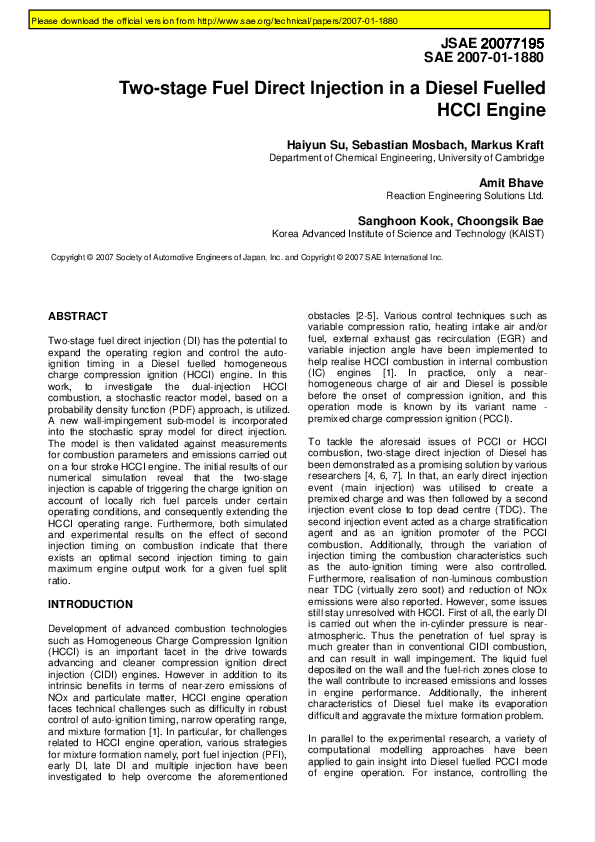 (PDF) Twostage Fuel Direct Injection in a Diesel Fuelled HCCI Engine