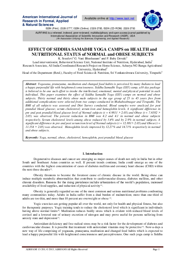 (PDF) EFFECT OF SIDDHA SAMADHI YOGA CAMPS on HEALTH and NUTRITIONAL ...