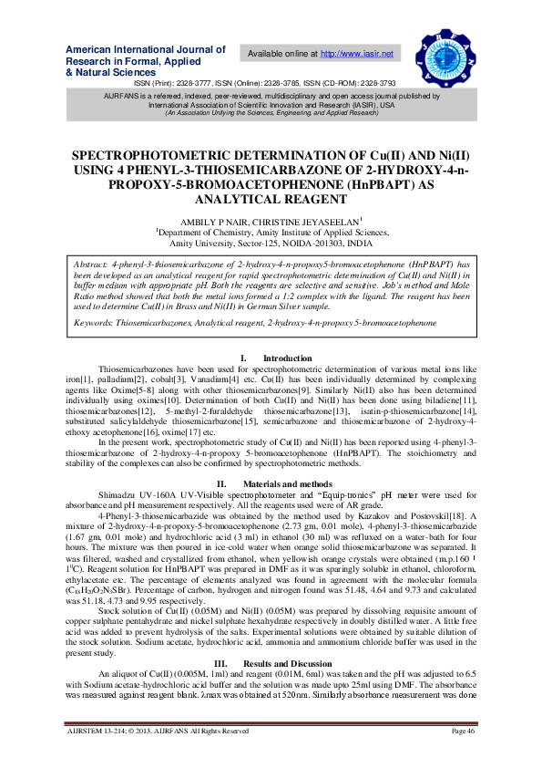(PDF) SPECTROPHOTOMETRIC DETERMINATION OF Cu(II) AND Ni(II) USING 4