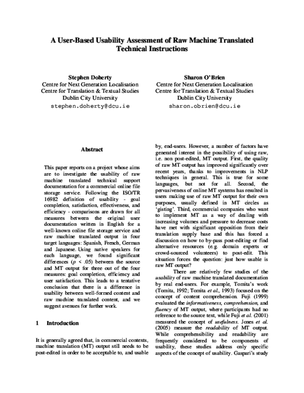 (PDF) A UserBased Usability Assessment of Raw Machine Translated