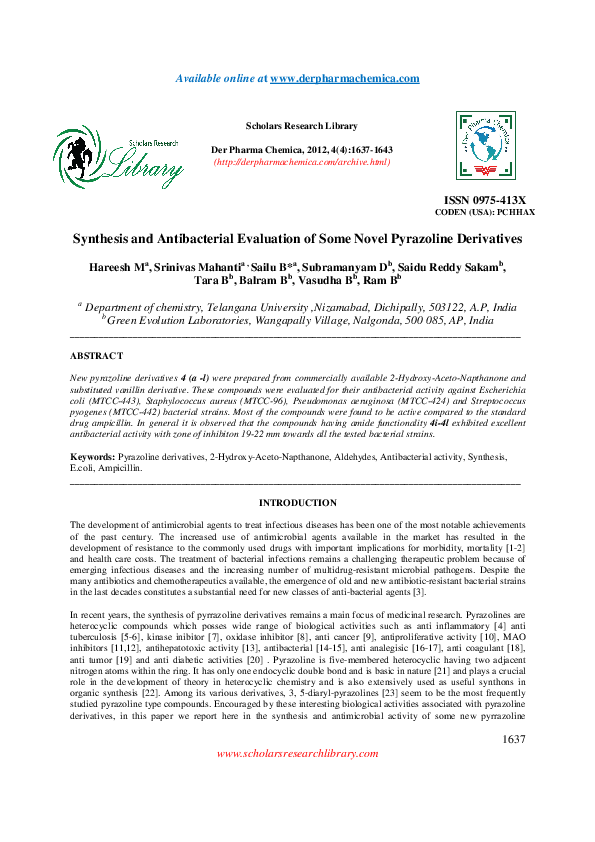 (PDF) Synthesis and Antibacterial Evaluation of Some Novel Pyrazoline ...