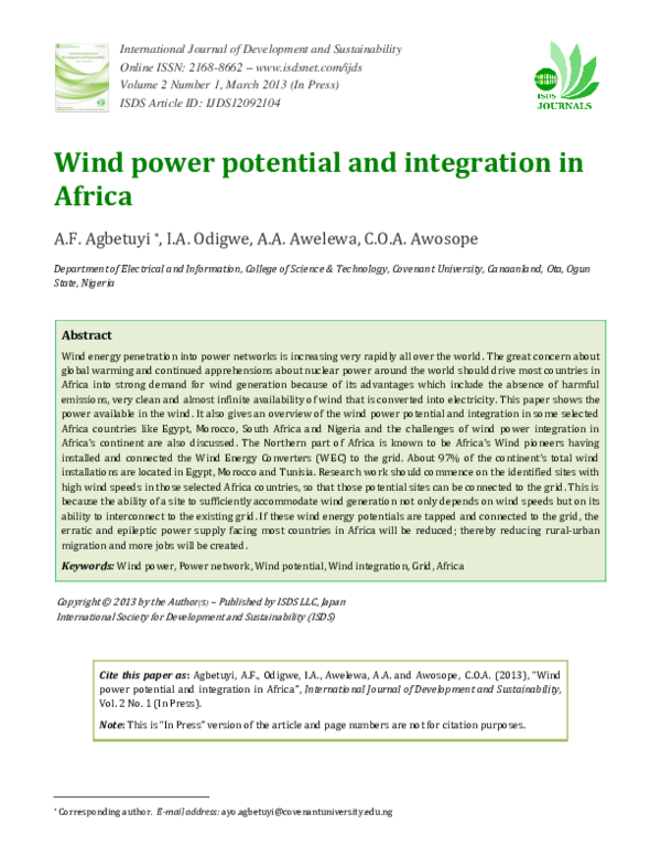 (PDF) Wind power potential and integration in Africa