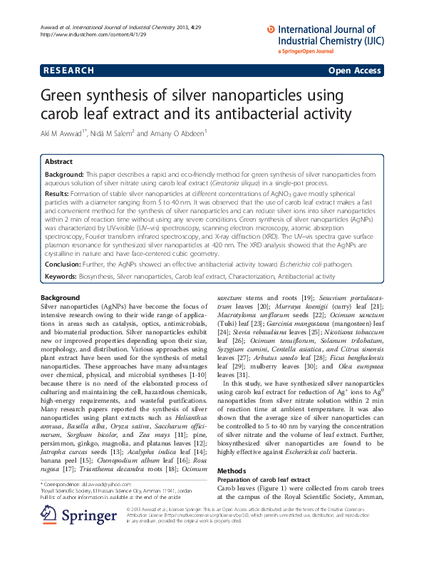 (PDF) R Green synthesis of silver nanoparticles using carob leaf ...