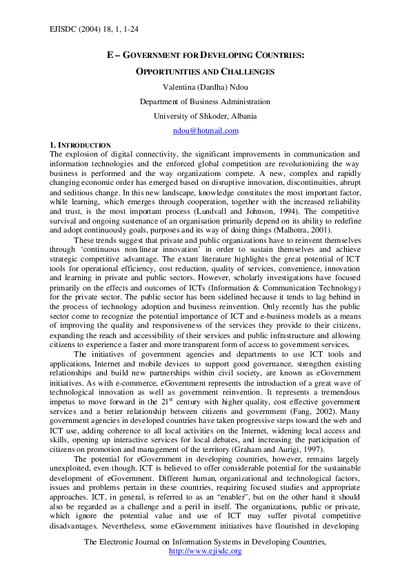 (PDF) E – GOVERNMENT FOR DEVELOPING COUNTRIES: OPPORTUNITIES AND CHALLENGES