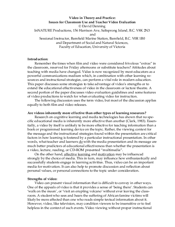 Video in Theory and Practice: Issues for Classroom Use and Teacher Video Evaluation