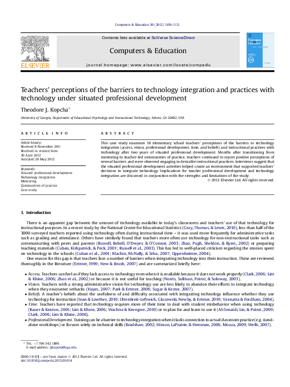 (PDF) Teachers’ perceptions of the barriers to technology integration ...