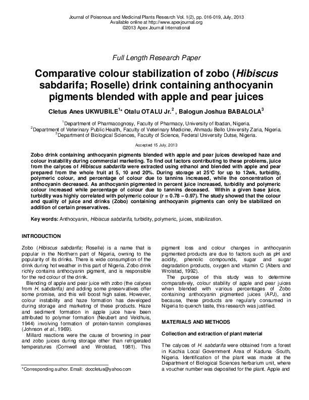 Comparative colour stabilization of zobo drink containing anthocyaninin ...
