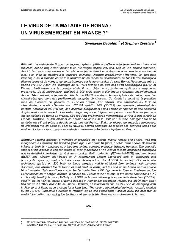 (PDF) LE VIRUS DE LA MALADIE DE BORNA UN VIRUS EMERGENT EN FRANCE