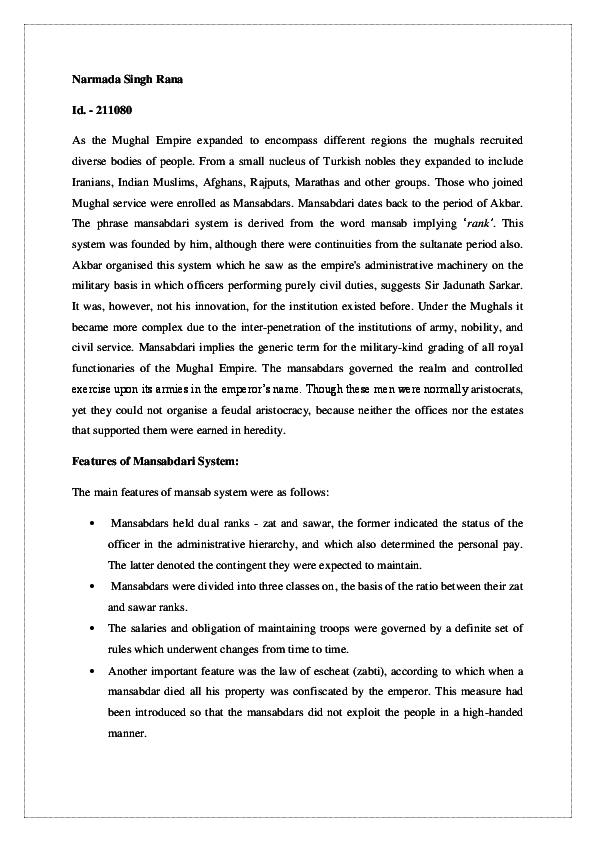 Write a note on mughal mansab system in 250 words image