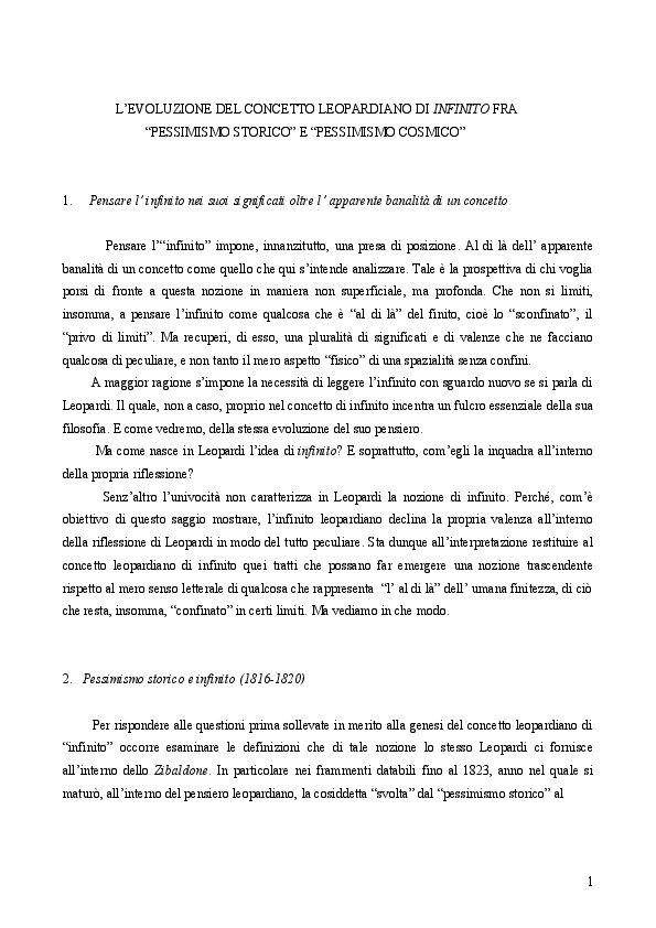 (DOC) SAGGIO L'EVOLUZIONE DEL CONCETTO LEOPARDIANO DI INFINITO TRA PESSIMISMO STORICO E