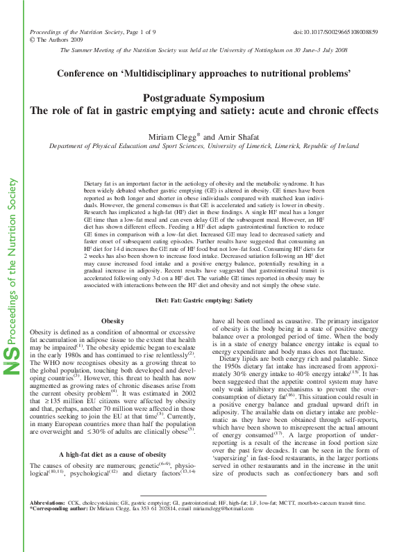 (PDF) Postgraduate Symposium The role of fat in gastric emptying and ...