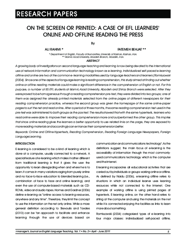 (PDF) ON THE SCREEN OR PRINTED: A CASE OF EFL LEARNERS' ONLINE AND ...