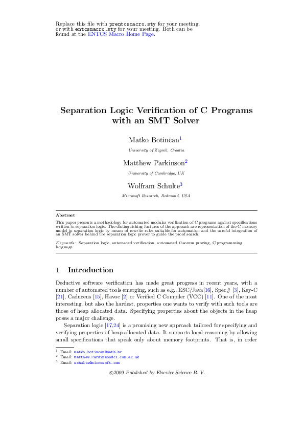 (PDF) Separation Logic Verification of C Programs with an SMT Solver