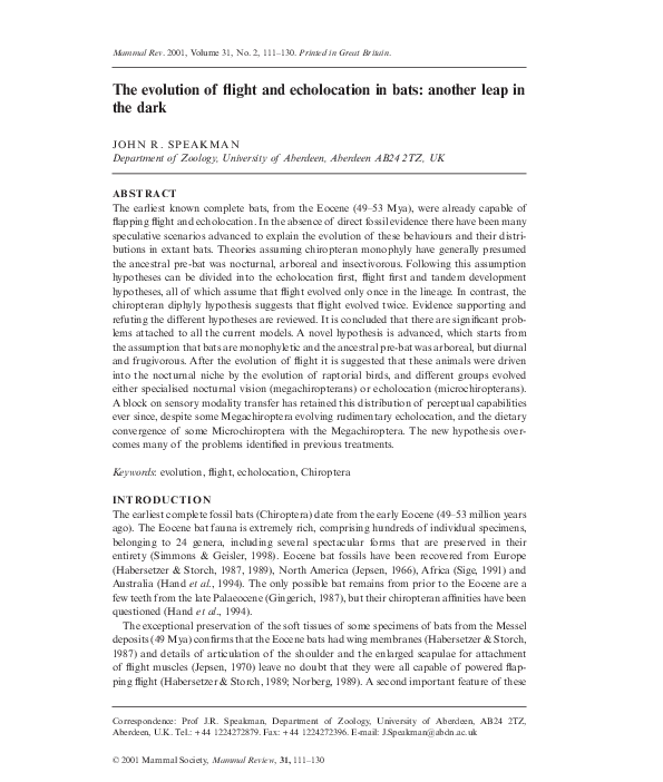 (PDF) The evolution of flight and echolocation in bats: another leap in ...