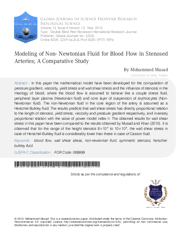 (PDF) Modeling of Non- Newtonian Fluid for Blood Flow in Stenosed ...