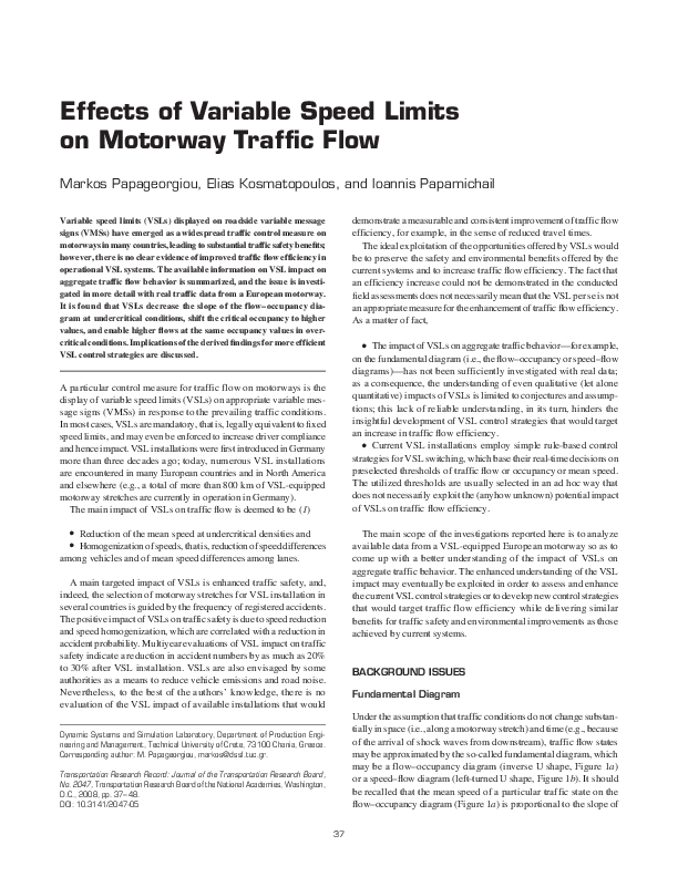 (PDF) Effects of Variable Speed Limits on Motorway Traffic Flow Elias