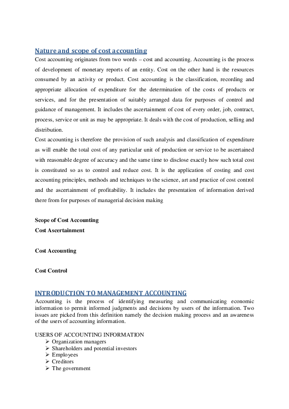 (DOC) Nature and scope of cost accounting Cost accounting originates