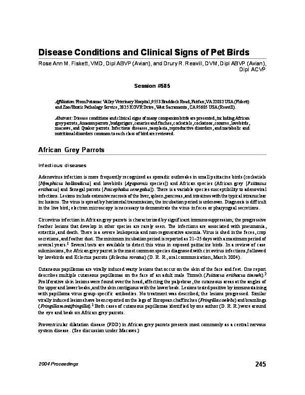 (PDF) Disease Conditions and Clinical Signs of Pet Birds Drury
