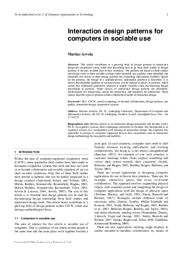 (PDF) Interaction design patterns for computers in sociable use