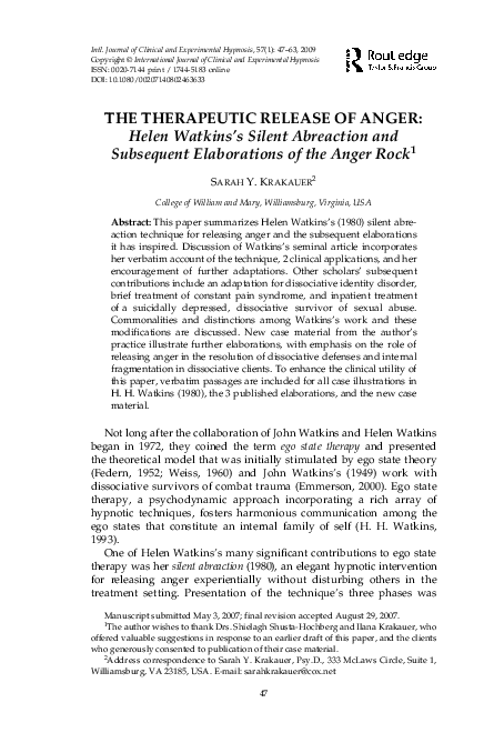 Pdf The Therapeutic Release Of Anger Helen Watkins S Silent Abreaction And Subsequent Elaborations Of The Anger Rock Sarah Krakauer Academia Edu Pdf The Therapeutic Release Of Anger Helen Watkins S Silent Abreaction And Subsequent Elaborations Of The Anger Rock Sarah Krakauer Academia Edu
