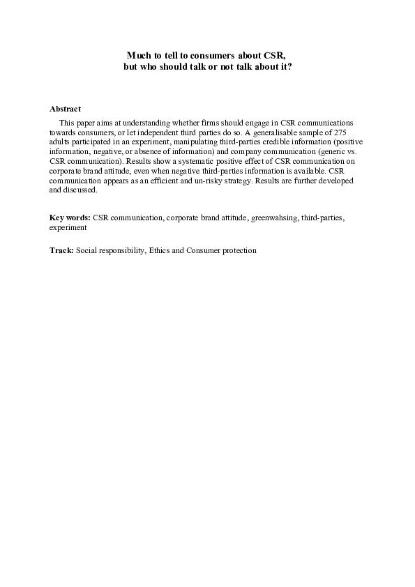 First page of “Much to tell to consumers about CSR, but who should talk or not talk about it?”