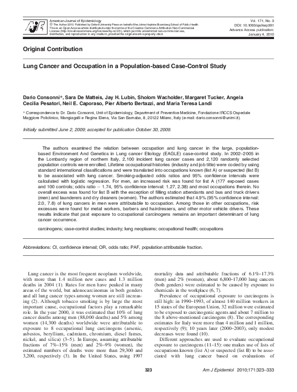 (PDF) Lung Cancer and Occupation in a Populationbased CaseControl