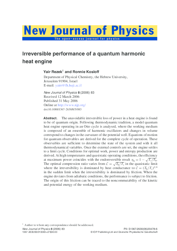 (PDF) Irreversible performance of a quantum harmonic heat engine