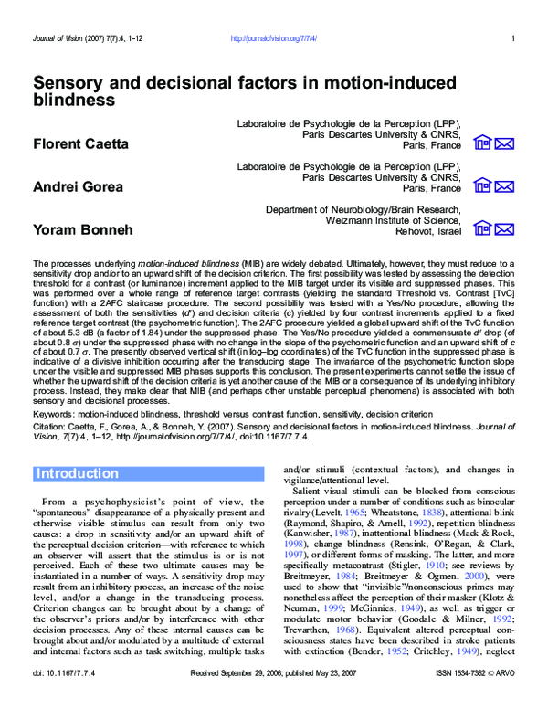 (PDF) Sensory and decisional factors in motioninduced blindness