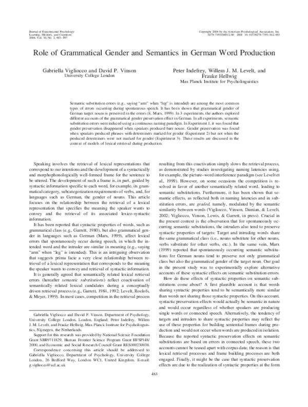 (PDF) Role of Grammatical Gender and Semantics in German Word Production