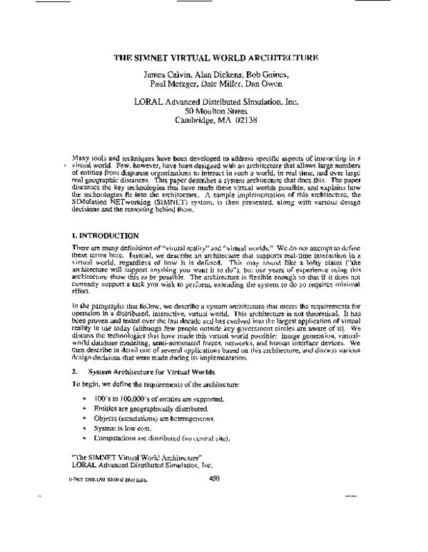 (PDF) The Simnet Virtual World Architecture