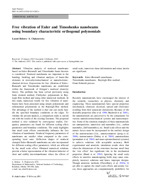 (PDF) Free vibration of Euler and Timoshenko nanobeams using boundary ...