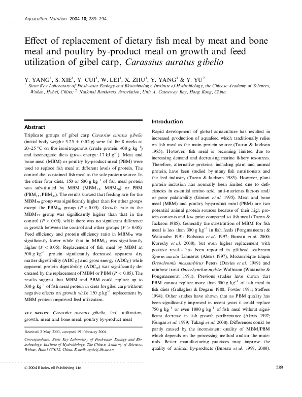 (PDF) Effect of replacement of dietary fish meal by meat and bone meal and poultry byproduct