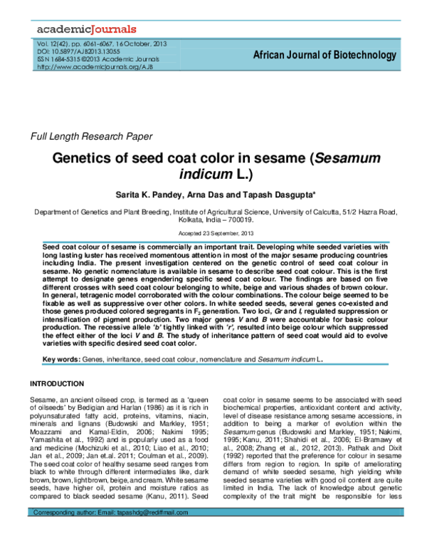 (PDF) of seed coat color in sesame (Sesamum indicum L.) Tapash Dasgupta Academia.edu